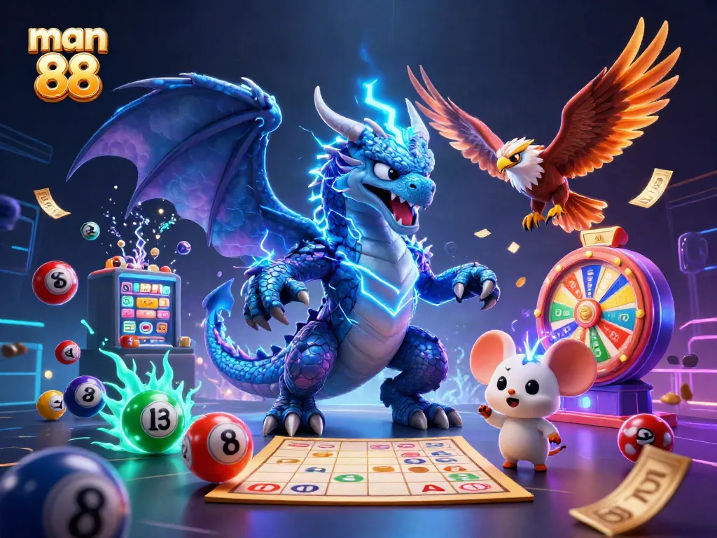 Experience the electrifying energy of man 88 as casino characters spin and win in an animated scene.