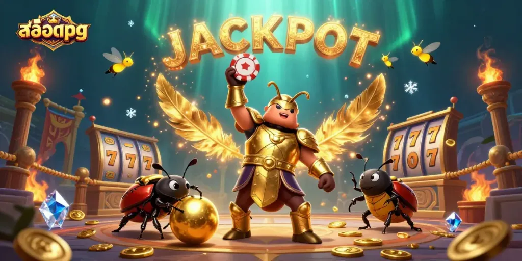 Experience สล็อตpg and win big with this vibrant, action-packed casino illustration featuring a triumphant beetle!