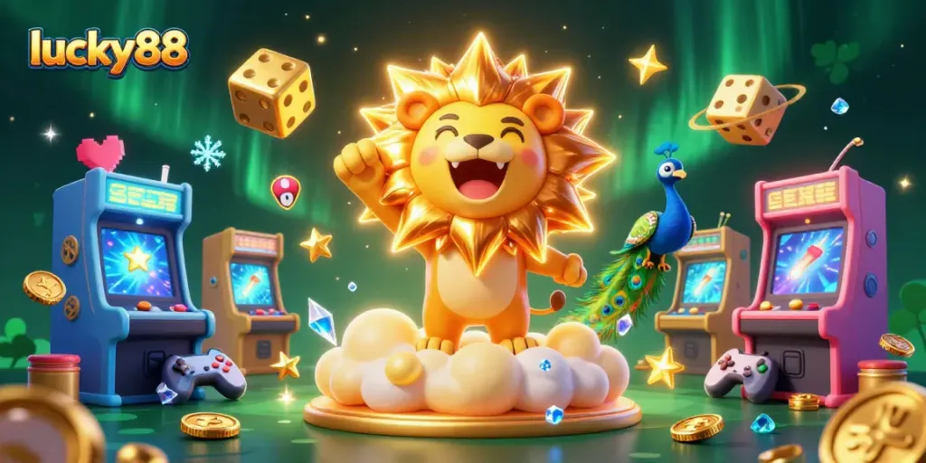 Win at lucky88 with dynamic casino elements, including a roaring lion and vibrant gaming visuals.