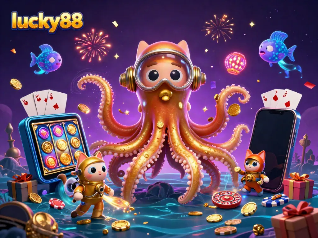 Experience thrilling adventures at lucky88 with a kraken, diving cat, and vibrant game elements.
