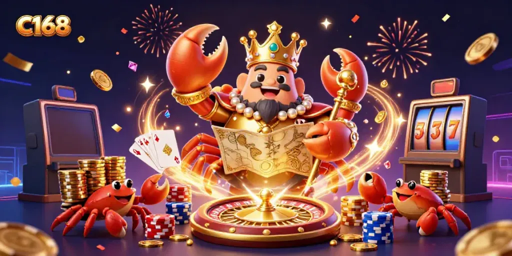 C168 invites players to explore a vibrant 3D casino scene filled with golden treasures and interactive gaming elements.