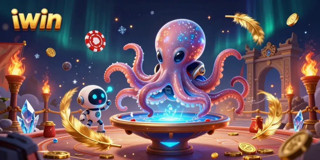 Join the excitement with the iwin alien octopus at a vibrant, holographic poker game.