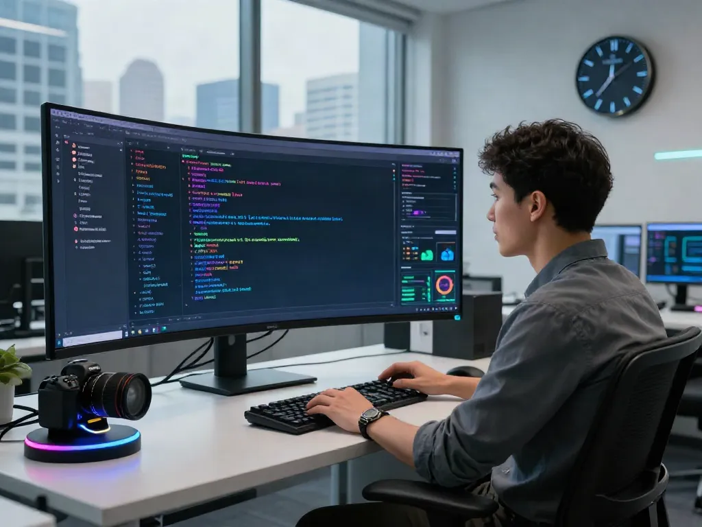 Dynamic workspace showcasing unfiltered AI chat technology with a developer analyzing data on a large monitor.