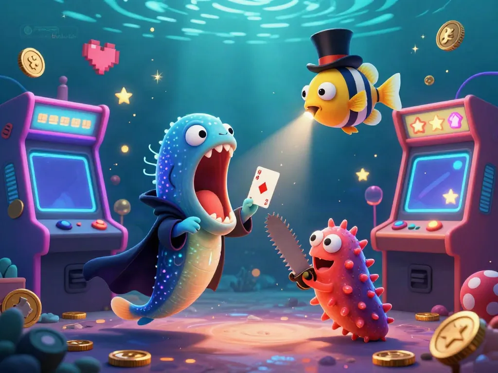 B52clubb features a magical scene of a gulper eel performing tricks, surrounded by colorful casino game elements.