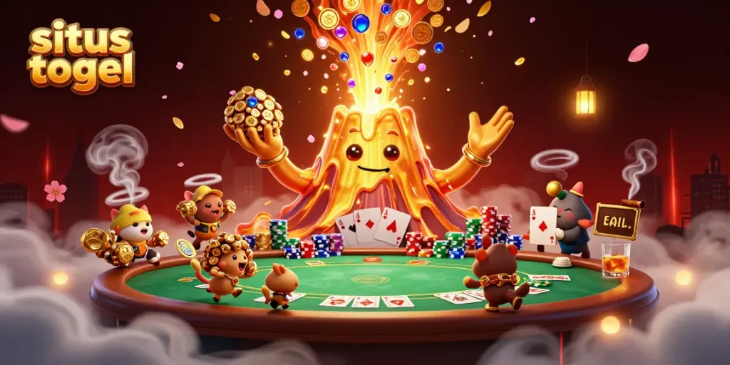 Experience the thrill of situs togel as a golden volcano erupts treasures, surrounded by poker elements.