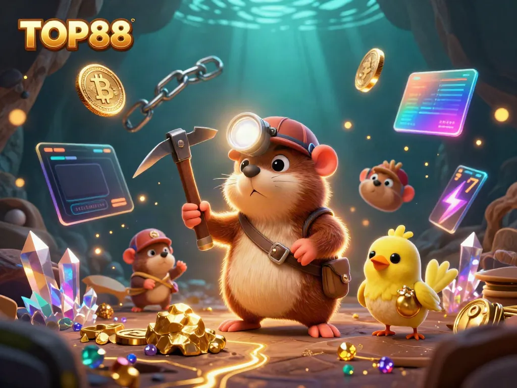 Engage with TOP88 in an exciting treasure hunt with a 3D mole and canary amidst crypto coins.