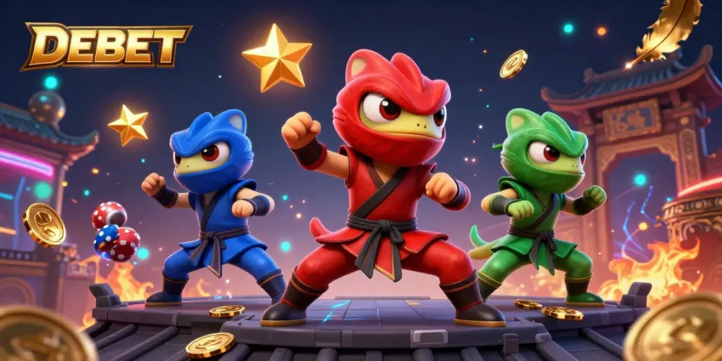 Join the gaming action at DEBET with a vibrant casino scene featuring ninja chameleons and dynamic betting elements.