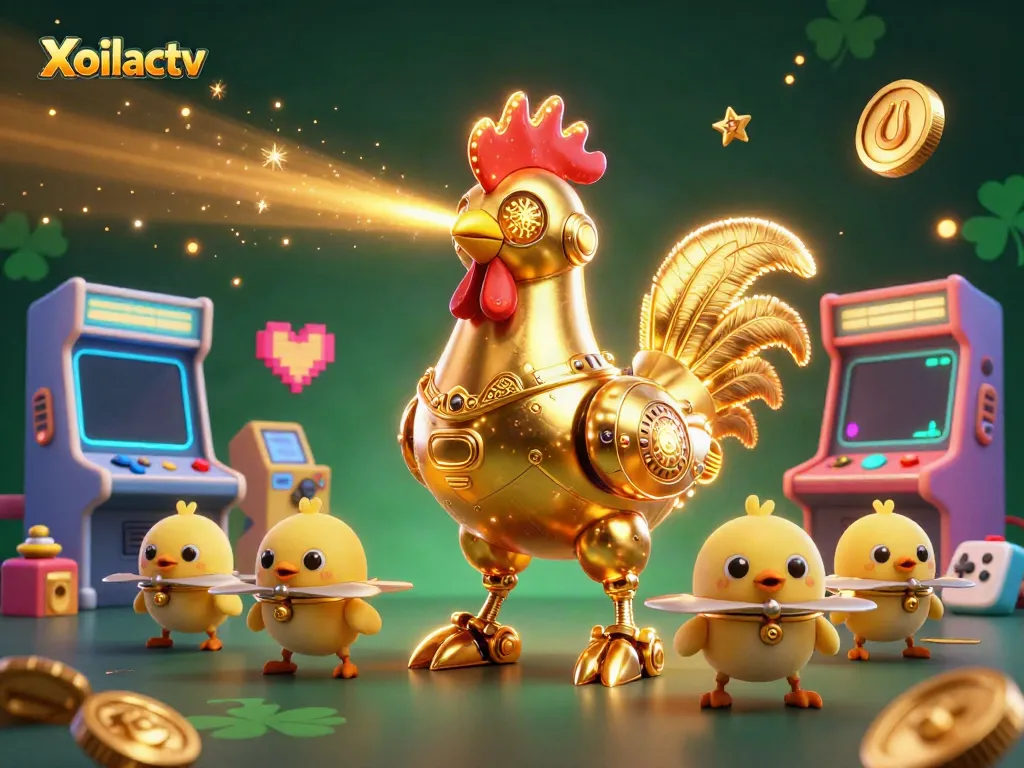 Xoilactv showcases a vibrant 3D casino scene with a golden rooster robot, gaming elements, and rich colors.