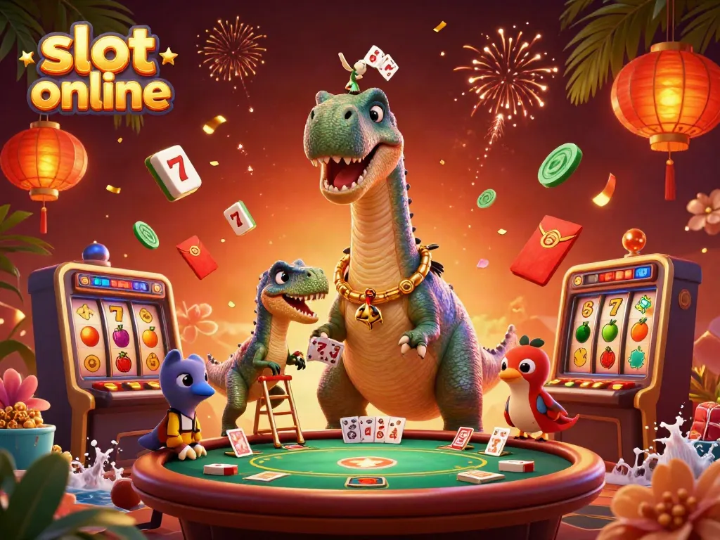 Experience thrilling slot online action with a whimsical brontosaurus and clever raptor dealing cards.