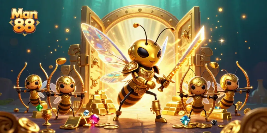 Experience thrilling wins with Man 88's golden treasure vault, showcasing bee archers and samurai hornet.