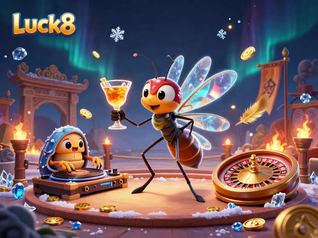 Luck8 brings a vibrant casino scene to life with a frozen mosquito mascot, trilobite DJ, and roulette wheel elements.
