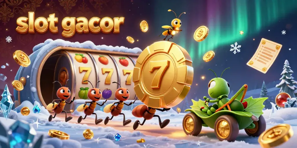 Semut membawa chip poker emas raksasa dalam permainan slot gacor dengan efek visual menarik.
