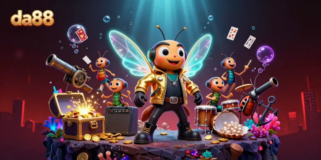 Win big at da88 with a vibrant 3D casino atmosphere featuring a rock star cicada and sparkling treasures.