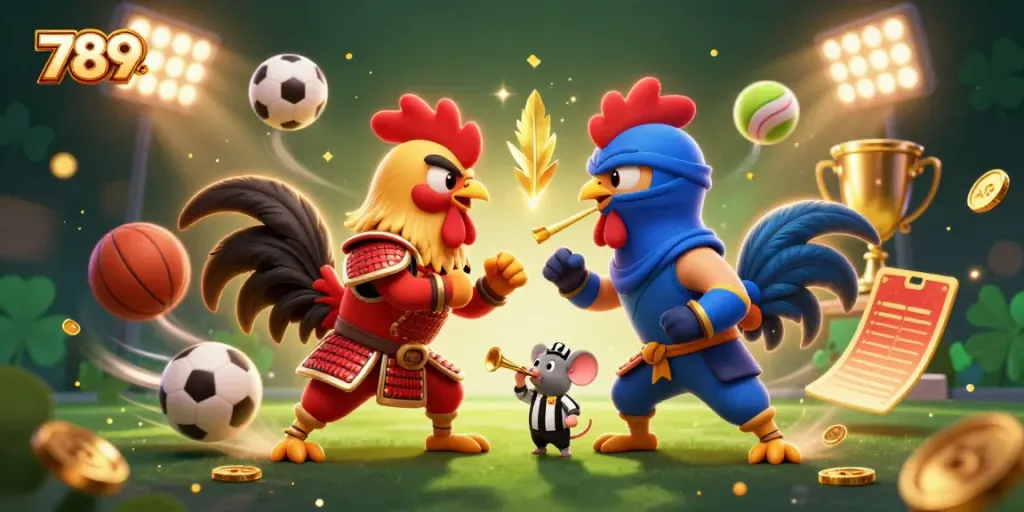 Engage with thrilling action featuring 789Club's fighting roosters in a vibrant casino scene.