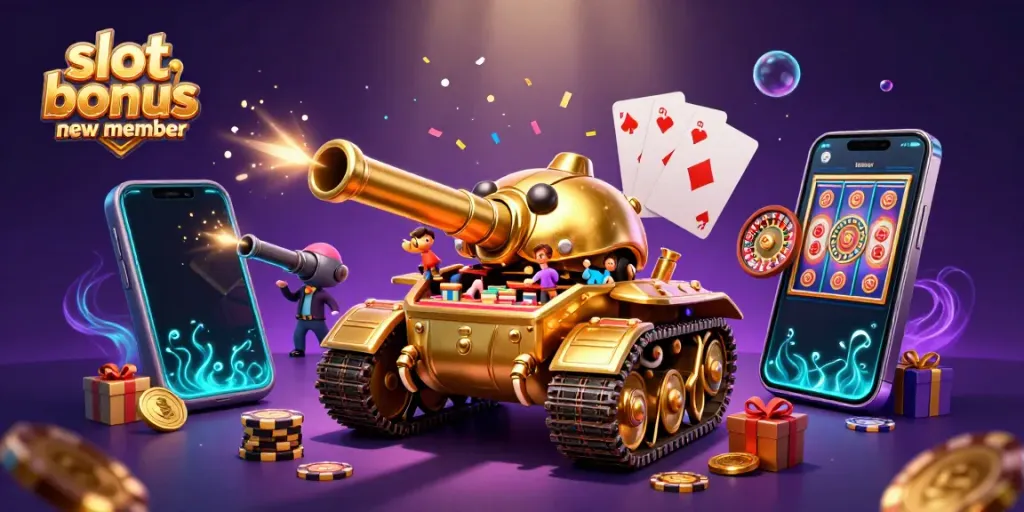 Engage with the exciting slot bonus new member artwork featuring a golden beetle tank and vibrant casino elements.