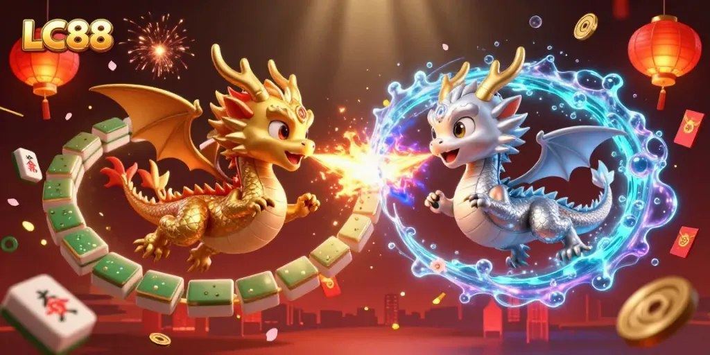 Experience thrilling casino adventures with LC88's gold and silver dragons in a vibrant, magical setting.