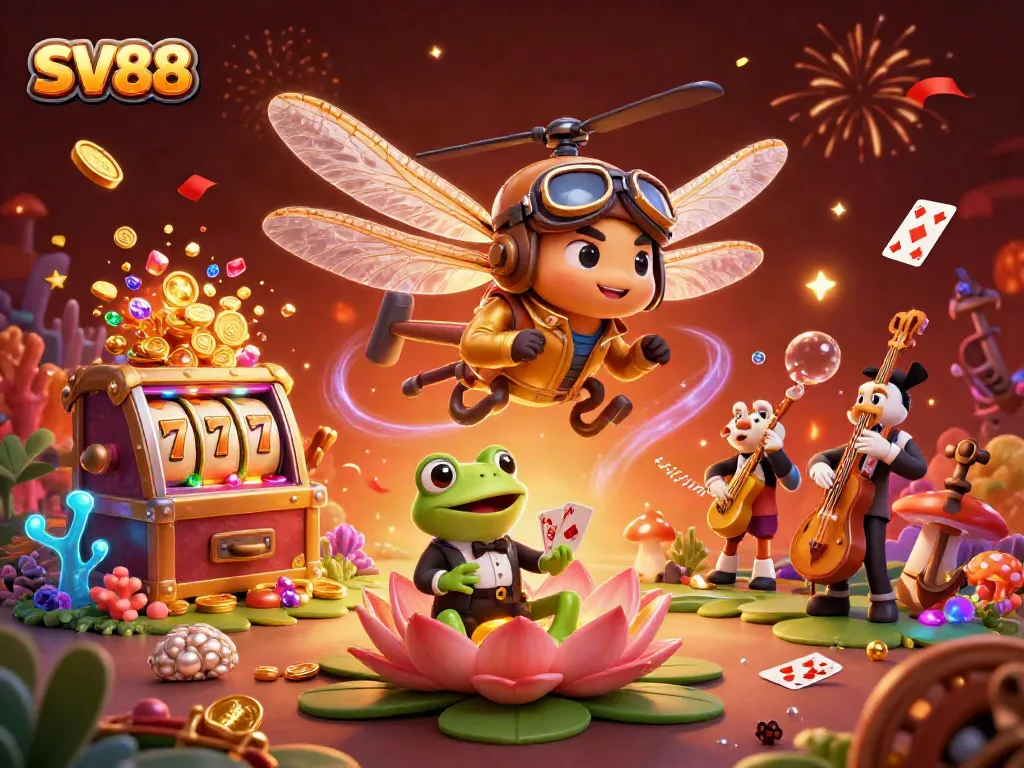 Experience the thrill at SV88 with a vibrant casino scene featuring a dragonfly pilot and frog croupier.