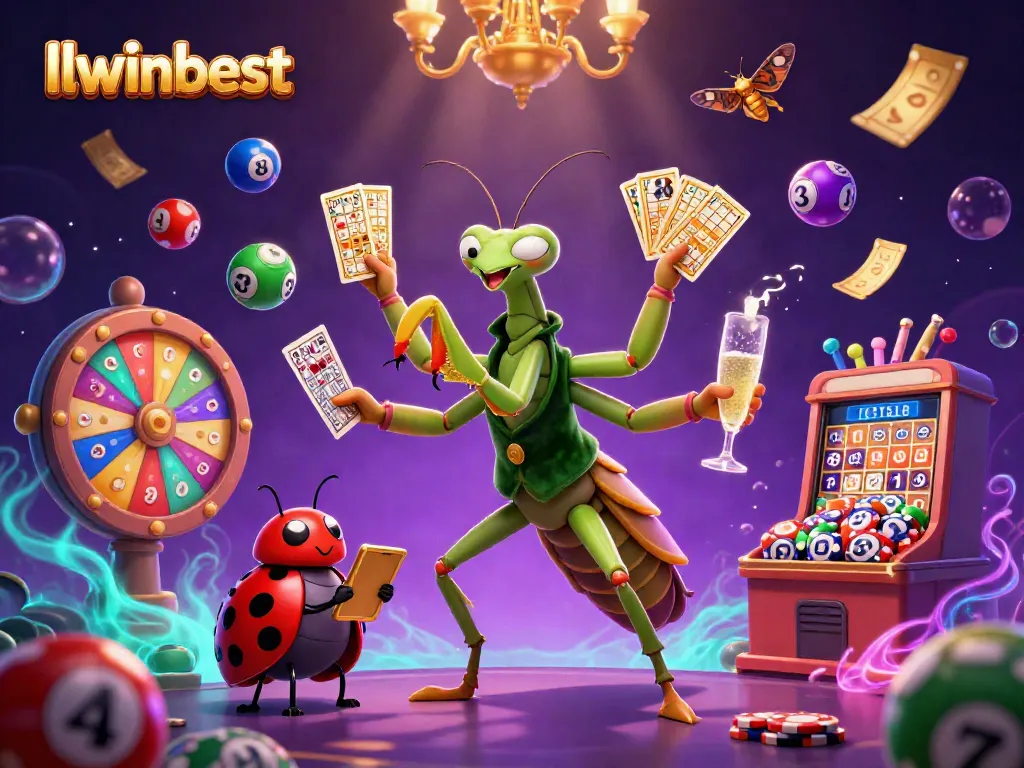 llwinbest features a dynamic 3D casino scene with a giant mantis card sharp, live casino action, and colorful lottery elements.