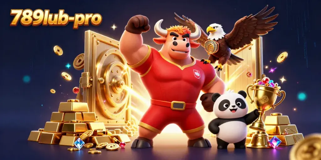 Engage with exciting wins at 789lub-pro, featuring a powerful casino mascot, trophies, and overflowing treasures.