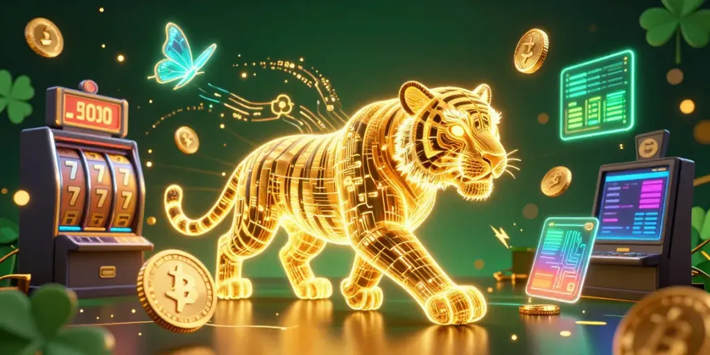 Experience situs togel excitement with a neon golden tiger in a dynamic digital casino, showcasing vibrant game elements.
