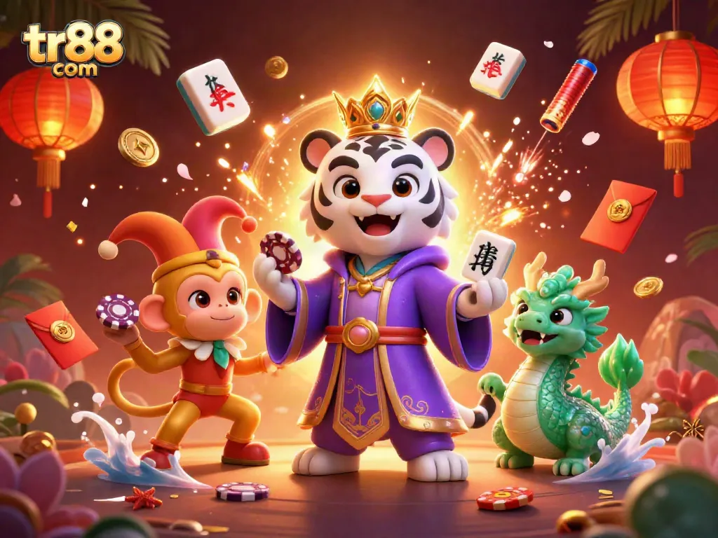 Experience the thrill of winning at tr88 com with a vibrant 3D illustration featuring exotic characters and casino elements.