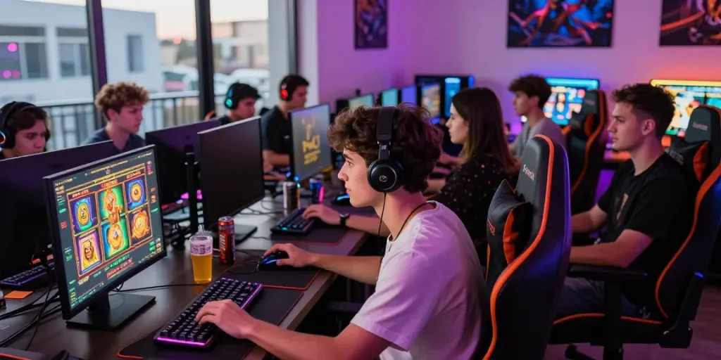 Engaged gamers exploring Slot gacor games in a vibrant urban setting, showcasing modern gaming equipment.
