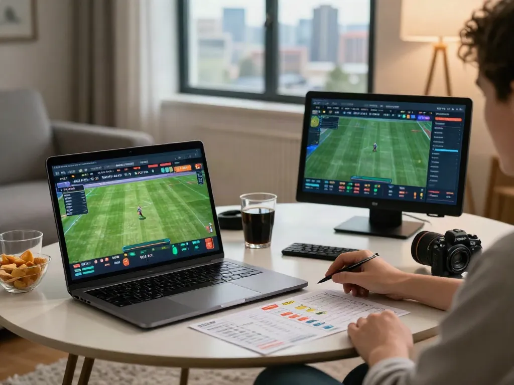 Engaged user on nhà cái five88 platform enjoying sports betting at home with laptop and snacks.