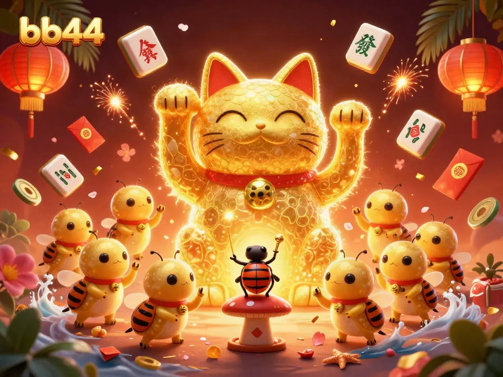 Engage with bb44's vibrant casino experience through golden fireflies shaped like a lucky cat.