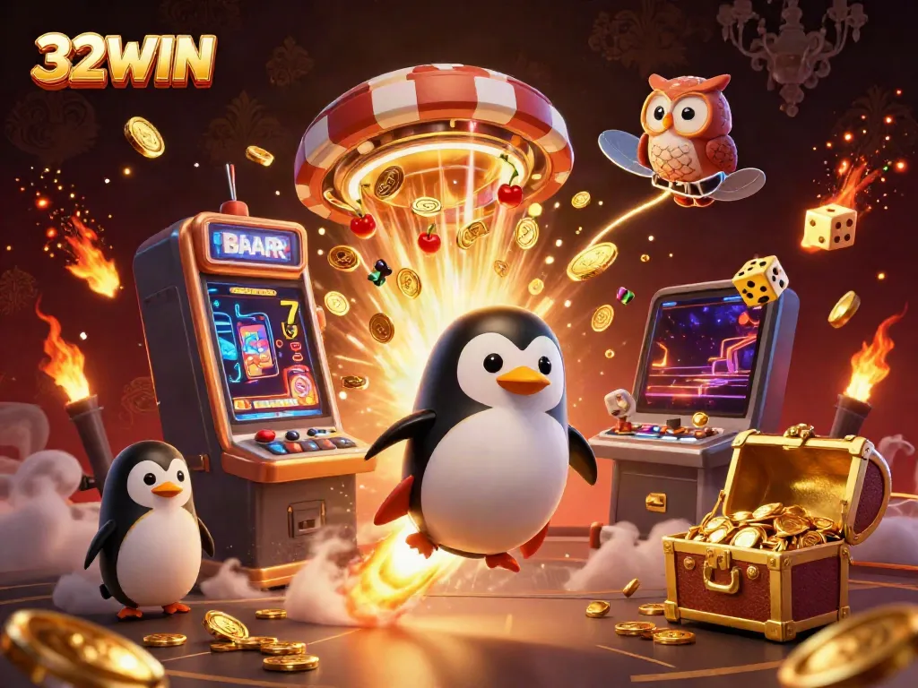 Experience excitement at 32WIN, featuring a playful golden penguin and a massive jackpot explosion.