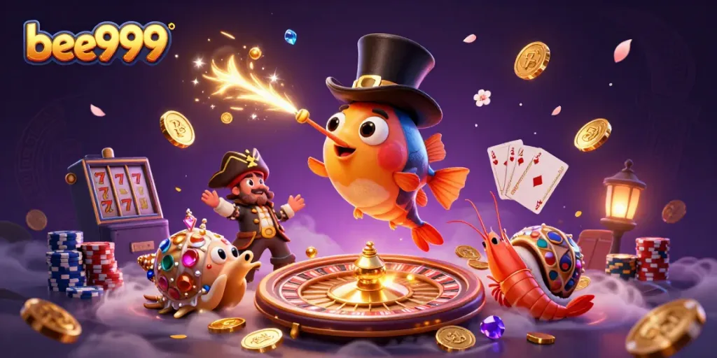 Experience the thrill of bee999 with a vibrant 3D illustration featuring a playful deep-sea anglerfish and treasure characters.