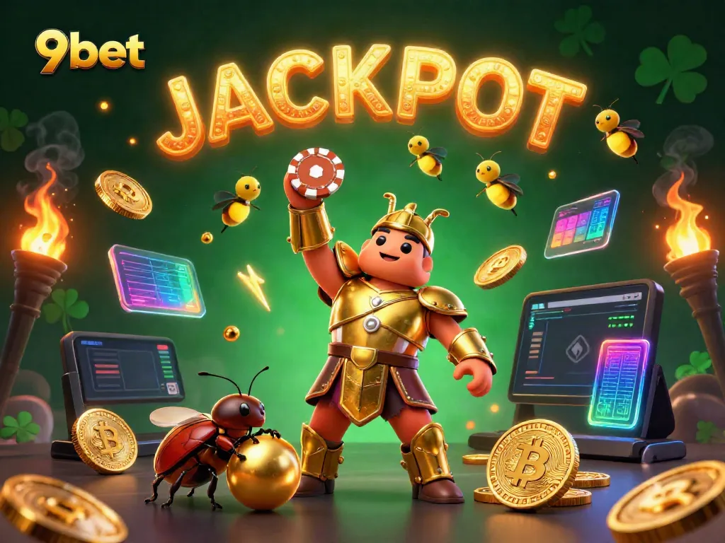 Experience the thrill with 9bet as a golden beetle celebrates a casino jackpot in a vibrant, dynamic scene.