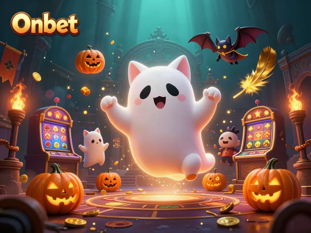 Experience the Onbet casino with a whimsical ghost cat and bat, evoking lively gaming adventures.