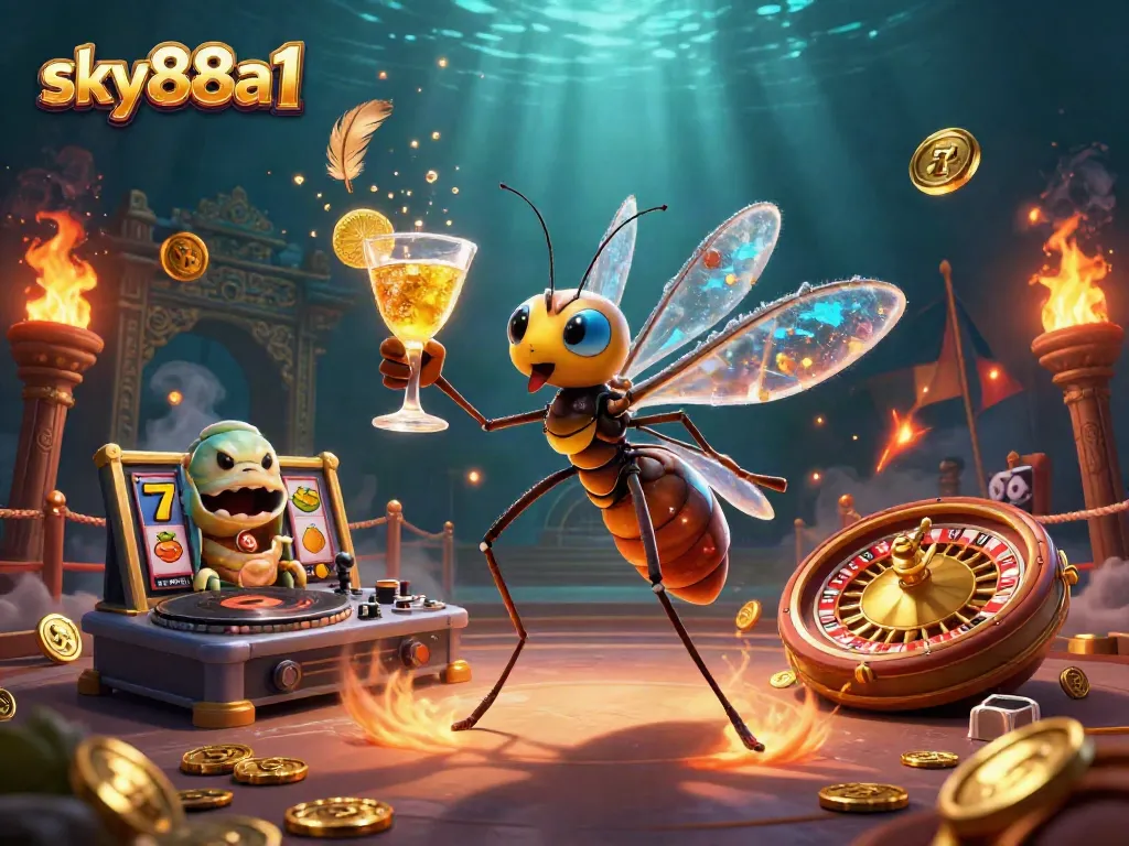 Engage in thrilling casino experiences with sky88a1 while a lively trilobite DJ spins at a golden roulette wheel.
