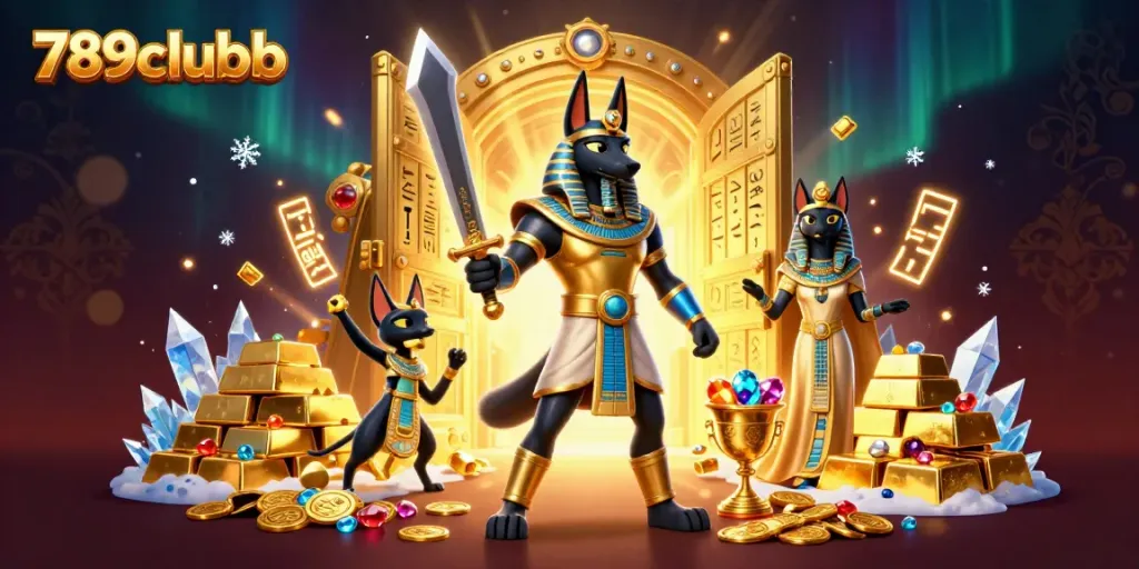 Discover the excitement at 789clubb with Anubis as he guards treasure amidst gold and gems.