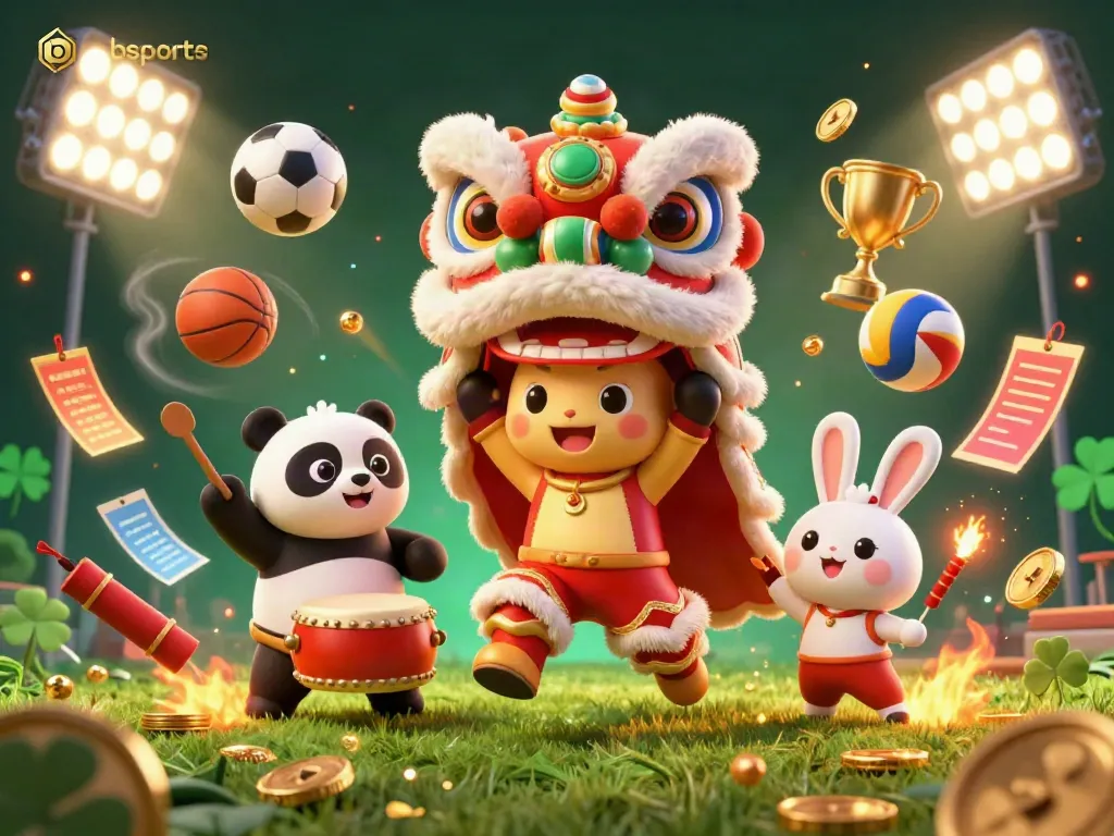 Engage with bsports at vibrant casino-themed celebration featuring guardian lion dance, dynamic sports elements.