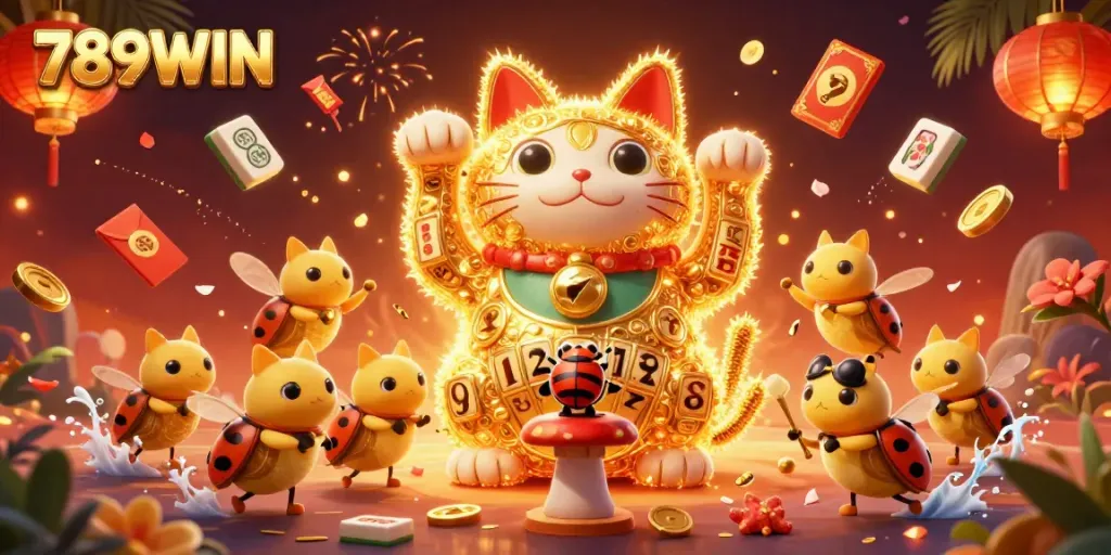 Experience thrilling wins at 789WIN with captivating casino art showcasing a lucky cat and gold symbols.