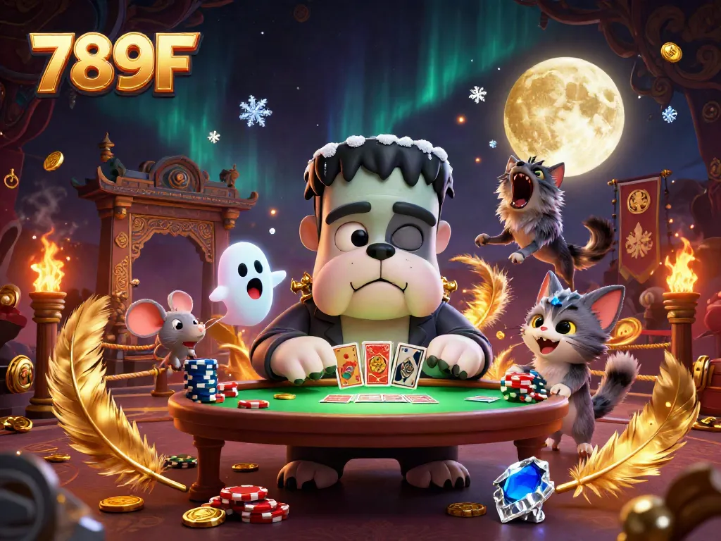 Experience the excitement at 789F with imaginative characters at a lively casino table; dynamic elements abound.