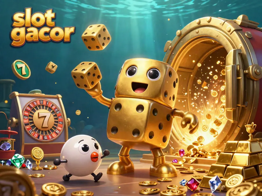 Engage with the thrilling world of slot gacor illustrated by a golden dice golem and dynamic elements.
