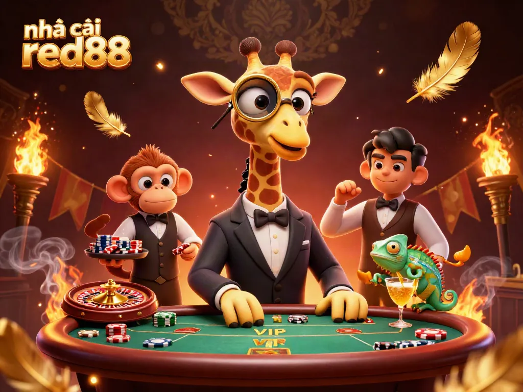 Experience high-stakes action with nhà cái red88 at a vibrant casino table featuring a giraffe and monkey.