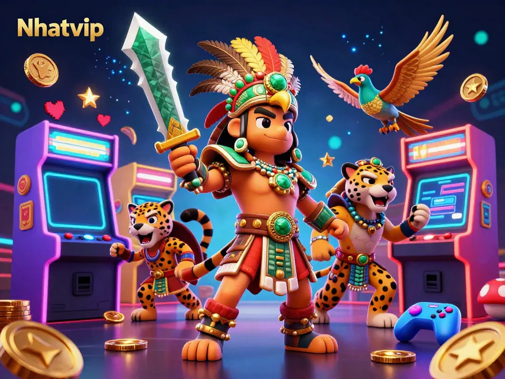 Nhatvip brings vibrant energy to the casino with a powerful Aztec warrior and colorful gaming elements.