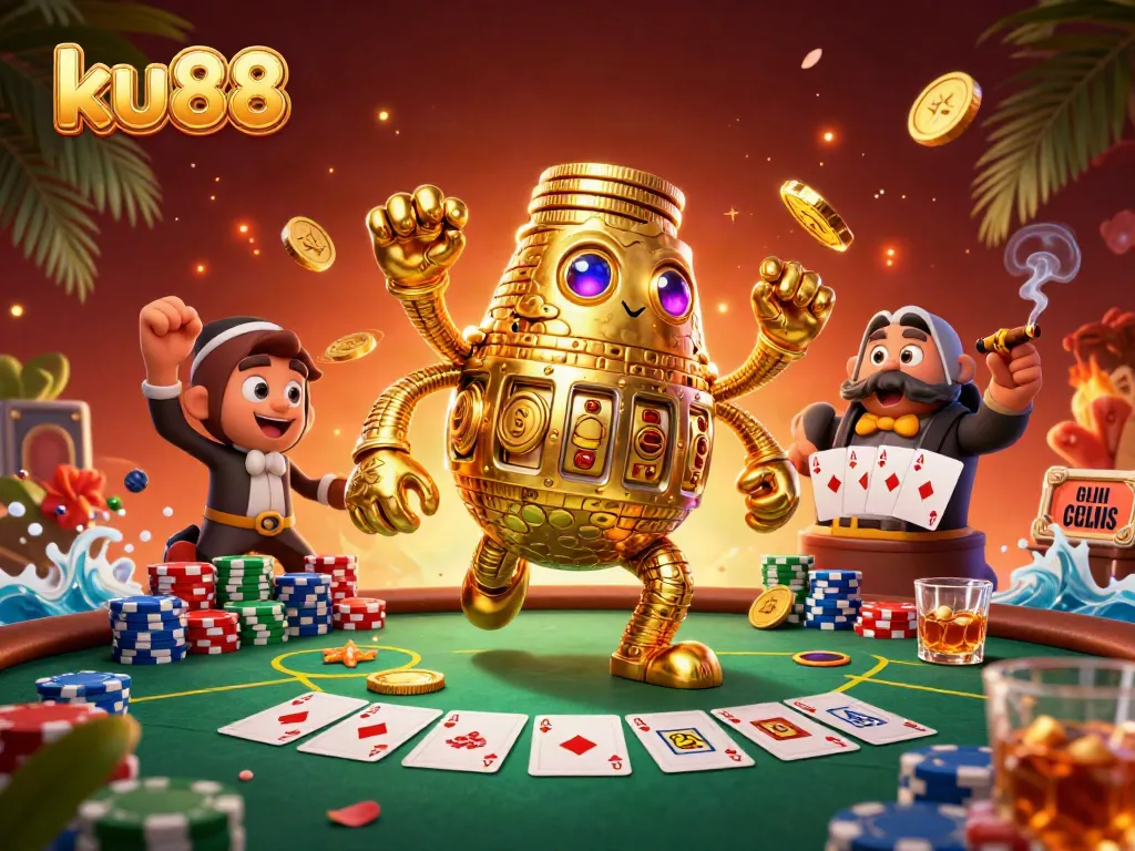 ku88 gaming scene featuring a dynamic golden golem and poker elements, engaging casino experience.