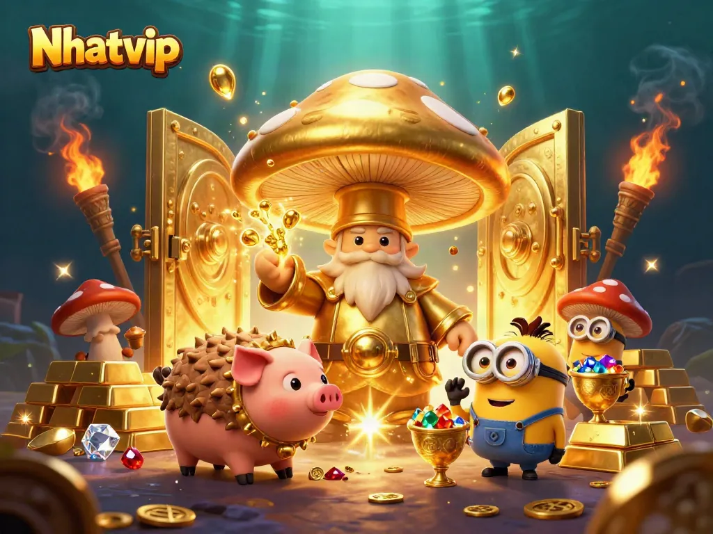 Nhatvip's magical casino realm with golden treasures and enchanting characters.